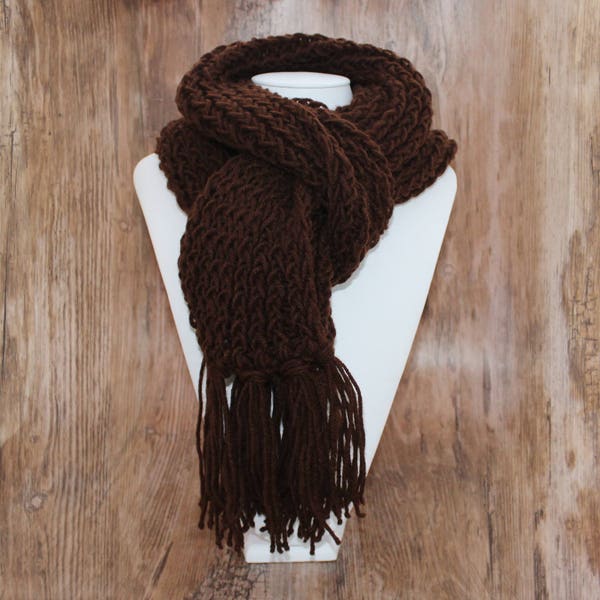 Knitted Con Amor - Cocoa Brown Hand Knitted Scarf - Knit Scarf, Wrap Scarf, Women's Scarf, Fringed Scarf, Handmade, Unisex Scarf, OOAK (160)