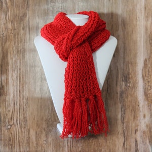 Knitted Con Amor - Red Hand Knitted Scarf with Metallic Thread - Knit Scarf, Women's Scarf, Fringed Scarf, Handmade, OOAK (127)