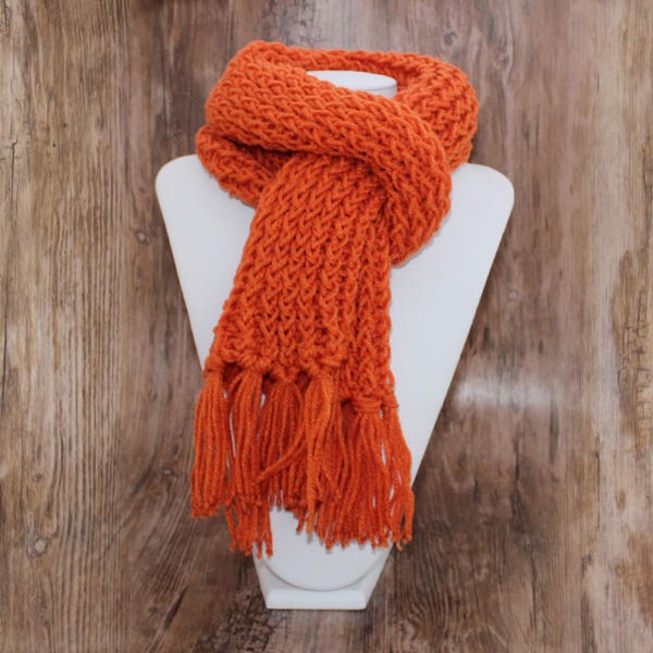 Knitted Con Amor - Pumpkin Orange Hand Knitted Scarf - Knit Scarf, Wrap Scarf, Women's Scarf, Fringed Scarf, Handmade (161)