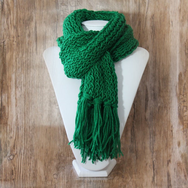 Knitted Con Amor - Kelly Green Hand Knitted Scarf - Knit Scarf, Wrap Scarf, Women's Scarf, Fringed Scarf, Handmade, Unisex Scarf (126)