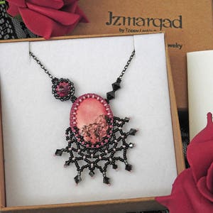 Black Pink Necklace, Pink Black Pendant, Beaded Black Lace Necklace, Gothic Valentine's Day Necklace, Romantic Valentine's Gift Idea for her image 7