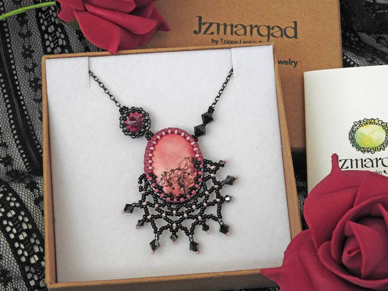 Black Pink Necklace, Pink Black Pendant, Beaded Black Lace Necklace, Gothic Valentine's Day Necklace, Romantic Valentine's Gift Idea for her image 7