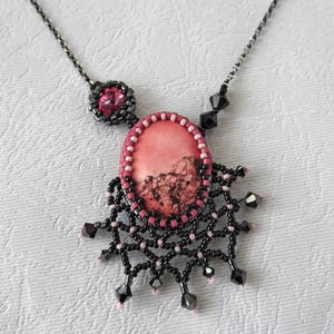 Black Pink Necklace, Pink Black Pendant, Beaded Black Lace Necklace, Gothic Valentine's Day Necklace, Romantic Valentine's Gift Idea for her image 2