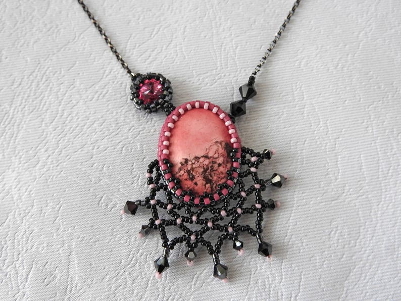 Black Pink Necklace, Pink Black Pendant, Beaded Black Lace Necklace, Gothic Valentine's Day Necklace, Romantic Valentine's Gift Idea for her image 2