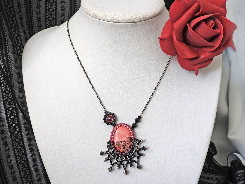 Black Pink Necklace, Pink Black Pendant, Beaded Black Lace Necklace, Gothic Valentine's Day Necklace, Romantic Valentine's Gift Idea for her image 4