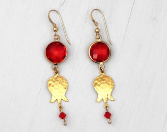 Pomegranate dangle gold-filled earrings, Made in Israel jewelry, Israeli gift for her