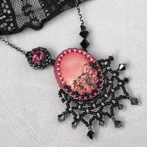 Black Pink Necklace, Pink Black Pendant, Beaded Black Lace Necklace, Gothic Valentine's Day Necklace, Romantic Valentine's Gift Idea for her image 5