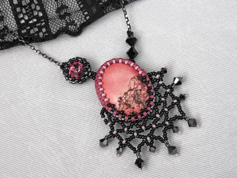 Black Pink Necklace, Pink Black Pendant, Beaded Black Lace Necklace, Gothic Valentine's Day Necklace, Romantic Valentine's Gift Idea for her image 5