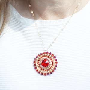 Gold-filled red crystal flower pendant necklace, Red Swarovski crystals necklace, red jewelry for anniversary