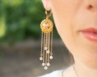 Gold filled crystals cascading dangle earrings, Beaded earrings