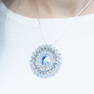 Silver crystals flower pendant necklace, Swarovski Crystals Necklace, Silver beaded necklace