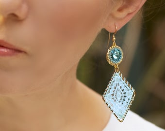 Mint green dangle earrings with Swarovski crystal - Summer Collection
