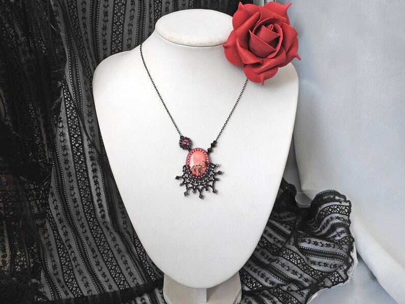 Black Pink Necklace, Pink Black Pendant, Beaded Black Lace Necklace, Gothic Valentine's Day Necklace, Romantic Valentine's Gift Idea for her image 3