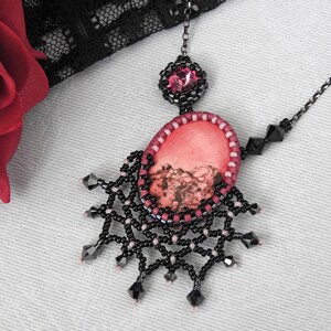 Black Pink Necklace, Pink Black Pendant, Beaded Black Lace Necklace, Gothic Valentine's Day Necklace, Romantic Valentine's Gift Idea for her image 8