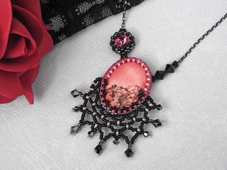 Black Pink Necklace, Pink Black Pendant, Beaded Black Lace Necklace, Gothic Valentine's Day Necklace, Romantic Valentine's Gift Idea for her image 8