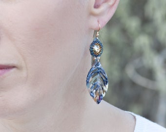 Dangle blue-brown Fall leaf earrings with Swarovski crystal