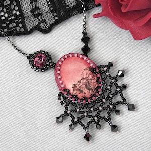 Black Pink Necklace, Pink Black Pendant, Beaded Black Lace Necklace, Gothic Valentine's Day Necklace, Romantic Valentine's Gift Idea for her image 1