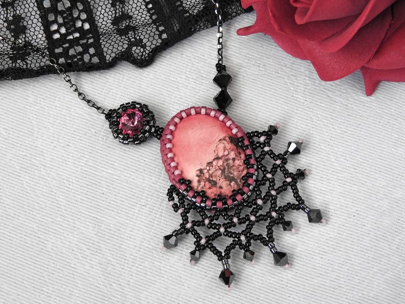 Black Pink Necklace, Pink Black Pendant, Beaded Black Lace Necklace, Gothic Valentine's Day Necklace, Romantic Valentine's Gift Idea for her image 1