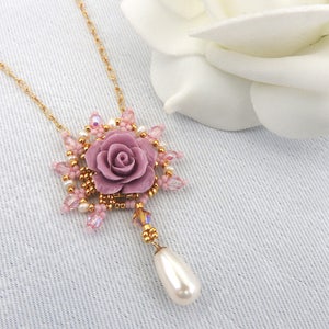Victorian Necklace, Purple Flower Necklace, Purple Flower Pendant, Pearl Necklace, Romantic Necklace, Romantic Gift for Her, Valentine&#39;s Day