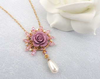 Victorian Necklace, Purple Flower Necklace, Purple Flower Pendant, Pearl Necklace, Romantic Necklace, Romantic Gift for Her, Valentine's Day