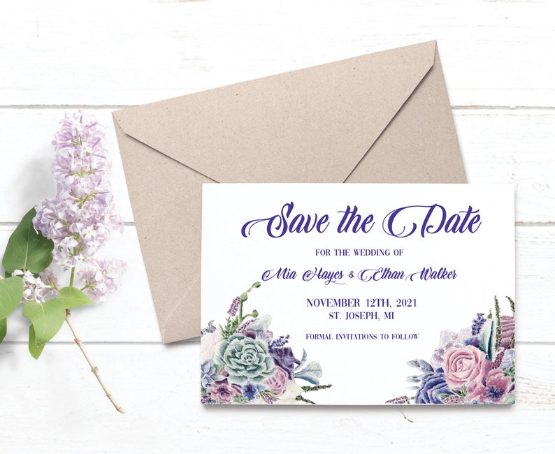 Succulents Save the Date Classic Purple Pink Wedding Wedding Bouquet Floral Original Watercolor Blue Boho Calligraphy Roses