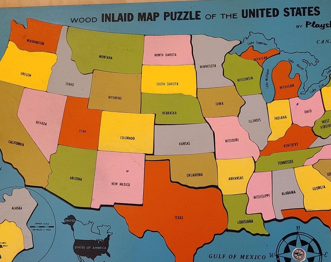 State Map With Inlay Early Playskool Puzzle-vintage Solid Wood Inlaid Map Puzzle of the ...