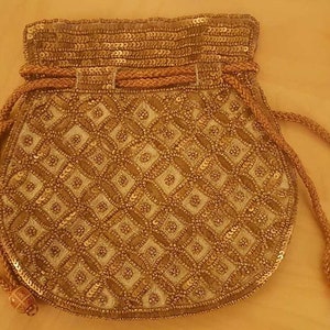 Elegant Sequined, Beaded, Embroidered Cinch Evening Bag-Gold Colored