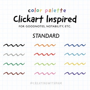 Puede incluir: Un gráfico de paleta de colores digital con el texto "color palette" y "Clickart Inspired". La imagen muestra una cuadrícula de líneas onduladas en varios colores, incluyendo negro, naranja, gris, rojo, verde, amarillo y morado. También está presente el texto "STANDARD".