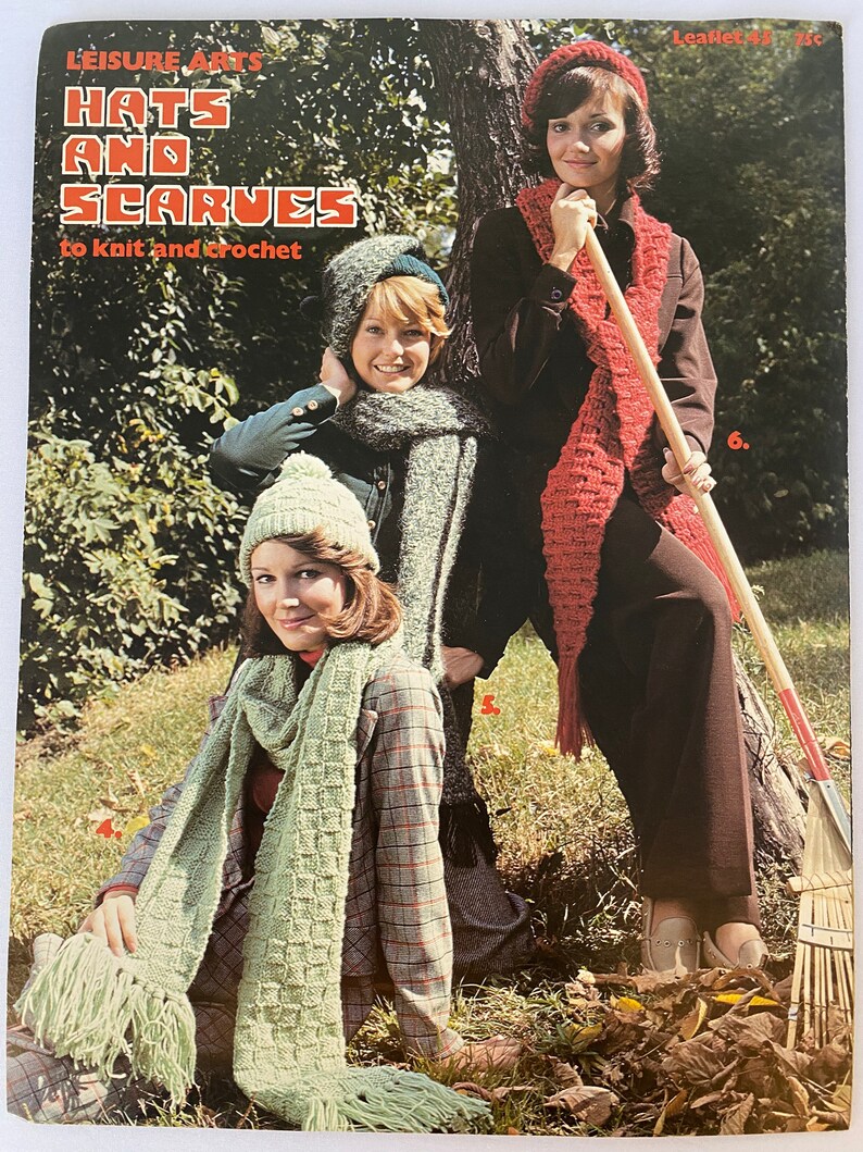 Hats and Scarves Vintage Crochet Knit scarf Knit hat Beret Leisure Arts Crochet Scarf Knit and Crochet Crochet Hat Leaflet 45