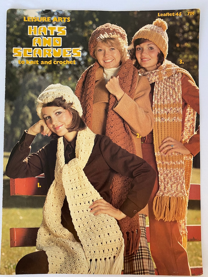 Hats and Scarves Vintage Crochet Knit scarf Knit hat Beret Leisure Arts Crochet Scarf Knit and Crochet Crochet Hat Leaflet 45