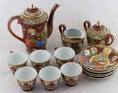 Japanese Satsuma Tea Set Gold Moriage Fine Eggshell Tea Set Porcelain Tea Set Kannon Goddess of Mercy and Immortals Design