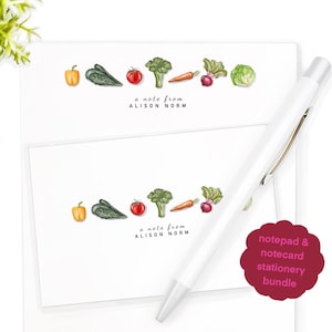 May include: A set of stationery featuring a notepad and notecards with a border of colorful vegetables. The text "a note from ALISON NORM" is printed on the stationery.