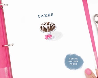 Recipe Book Page Dividers | Dessert Cook Book Organization | Kitchen Binder Tabs | Illustrated Recipe Covers | Recipe Dividers | Baker Gift