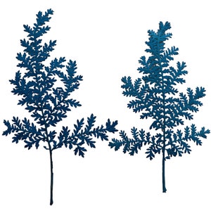 Op de afbeelding: Twee blauwe varensilhouetten op een witte achtergrond. De varens zijn gestileerd en hebben een delicate, kant-achtige uitstraling.