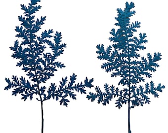 May include: Two blue fern silhouettes on a white background. The ferns are stylized and have a delicate, lacy appearance.