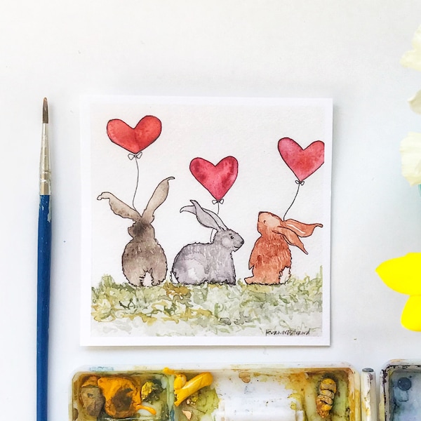 Mini Bunnies with Balloons Greeting Card/  Thank You Card / Birthday Card / I Love You Card / Rabbit Card / New Baby Card