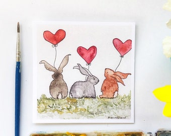 Mini Bunnies with Balloons Greeting Card/  Thank You Card / Birthday Card / I Love You Card / Rabbit Card / New Baby Card