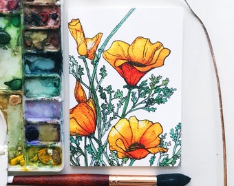 California Poppy 4"x 6" Greeting Cards / Thank You Cards /Flower Cards/ Watercolor Cards/ Card Set/ Card/ California Cards