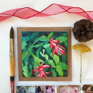 Tarjeta con cactus Schlumbergera / Tarjeta con cactus navideños / Tarjeta de agradecimiento / Tarjeta de naturaleza / Tarjeta de acuarela / Tarjeta de planta / Tarjeta botánica