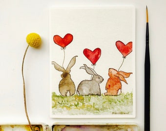 Bunnies with Heart Balloons Cards / Cozy Card/ Bunny Love/ I Love You Card/ Anniversary Card/ New Baby Card/ Baby Shower Card