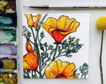 California Poppy 4"x4" Greeting Cards / Thank You Cards /Flower Cards/ Watercolor Cards/ Card Set/ Birthday Gift Card Set/ California Cards