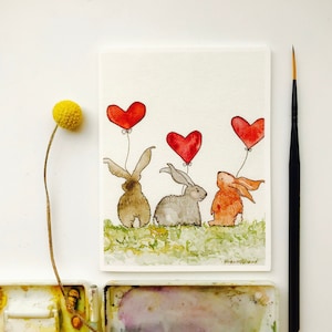 Bunnies with Heart Balloons Cards / Cozy Card/ Bunny Love/ I Love You Card/ Anniversary Card/ New Baby Card/ Baby Shower Card image 1