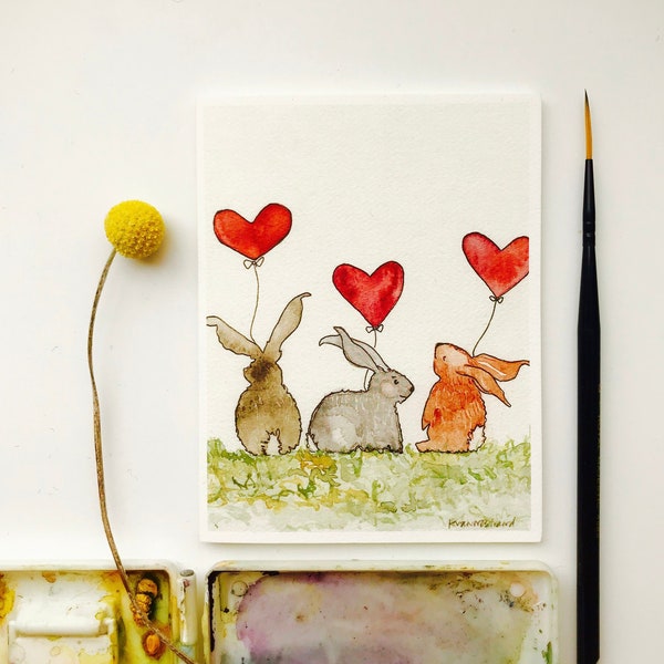 Bunnies with Heart Balloons Cards / Cozy Card/ Bunny Love/ I Love You Card/ Anniversary Card/ New Baby Card/ Baby Shower Card