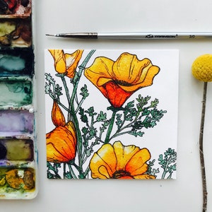 Cartões de felicitações quadrados de papoula da Califórnia / Cartões de agradecimento / Cartões de flores / Cartões de aquarela / Conjunto de cartões / Conjunto de cartões de presente de aniversário / Cartões da Califórnia