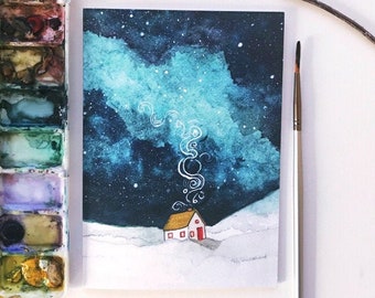 Cozy Cabin  Watercolor Card/ Galaxy Card/ Cozy Card/ Handmade Card/ Thank You Card/ Winter Card/ Watercolor Card