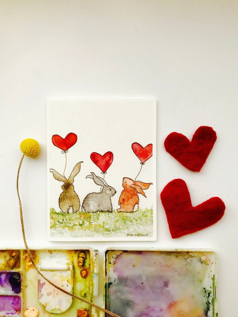 Bunnies with Heart Balloons Cards / Cozy Card/ Bunny Love/ I Love You Card/ Anniversary Card/ New Baby Card/ Baby Shower Card image 2