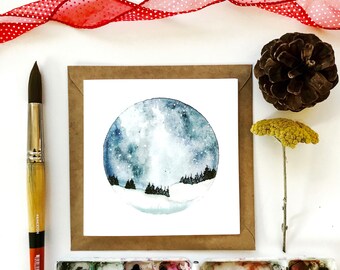 Snowy Trees and the Night Sky /Thank You Card/ Nature Card/ Watercolor Card/ Tree Card/ Winter Card