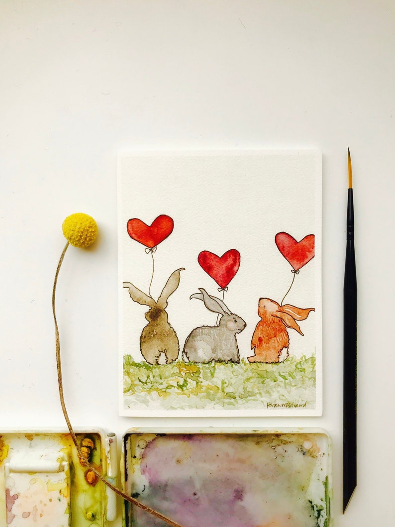 Bunnies with Heart Balloons Cards / Cozy Card/ Bunny Love/ I Love You Card/ Anniversary Card/ New Baby Card/ Baby Shower Card image 1