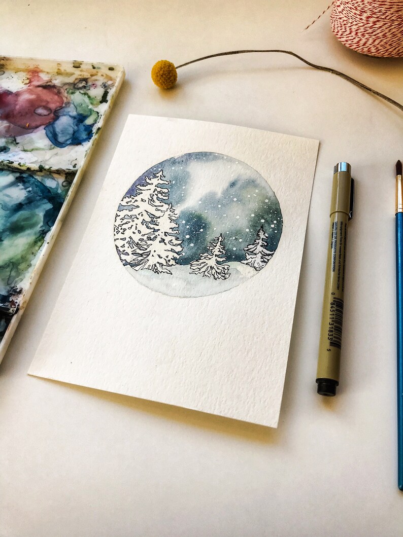 Winter Snow Globe Trees/ Gift Card Card/ Winter Card/ Thank You Card/ Nature Card/ Watercolor Card/ Tree Card image 5