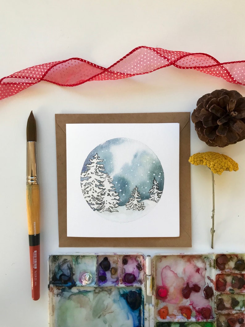 Winter Snow Globe Trees/ Gift Card Card/ Winter Card/ Thank You Card/ Nature Card/ Watercolor Card/ Tree Card image 1